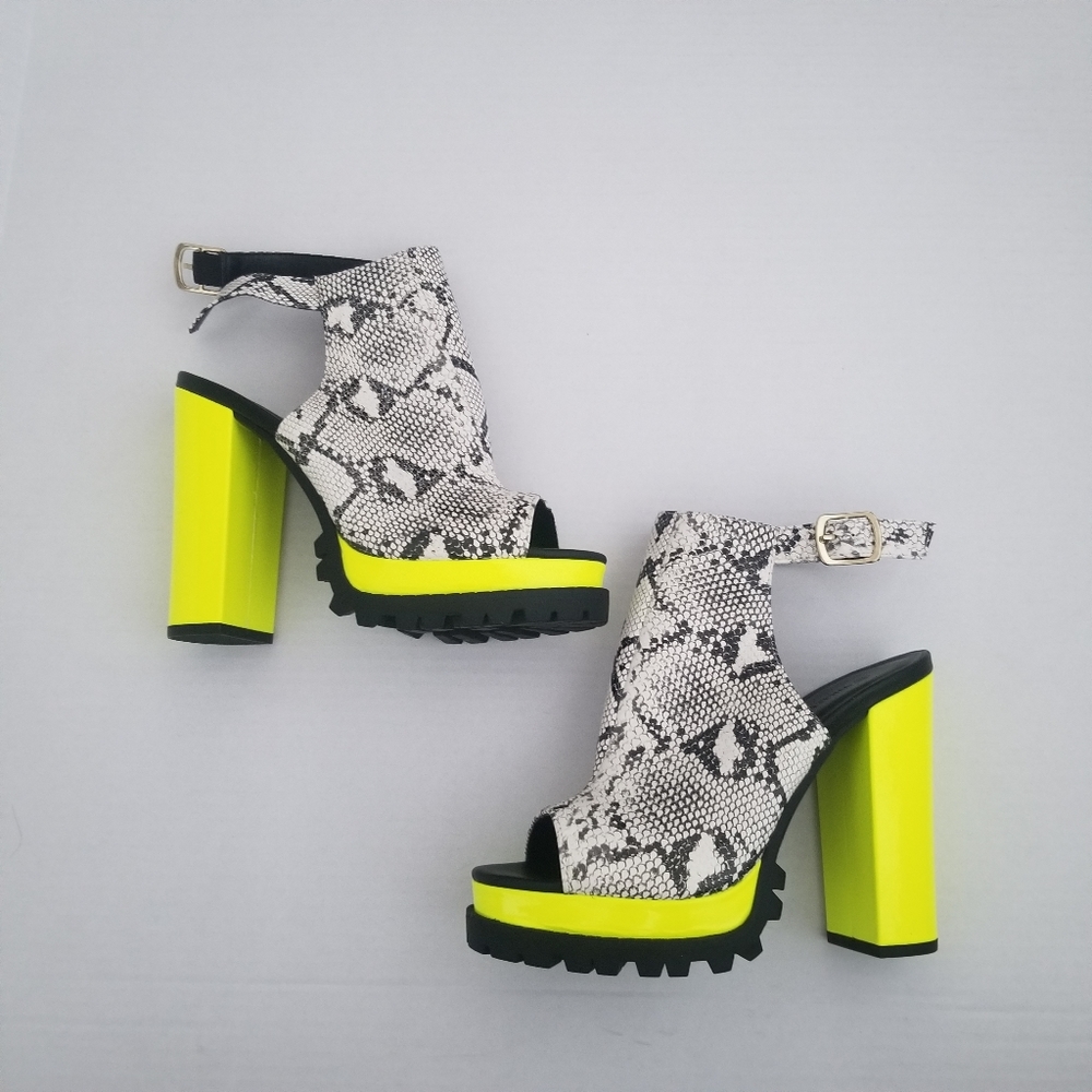 Dolls Kill Neon Yellow Snakeprint Chunky Heels